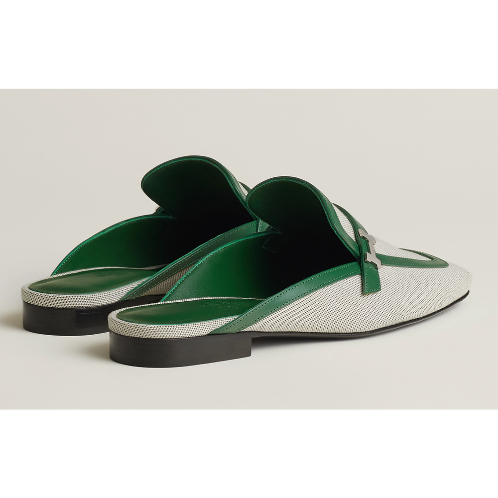 Hermes Groupie Mule Cactus Green Leather Canvas Backless Mule Slide Flat 37 - Picture 10 of 12
